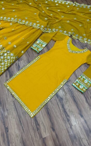 Party wear yellow sharara suit in punjabi style with sequins embroidery