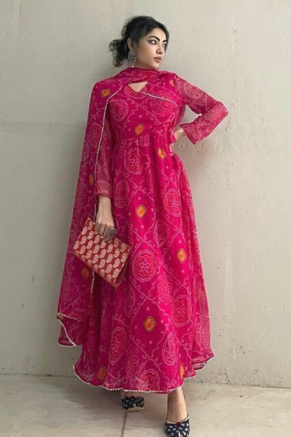 Pink color weightless georgette bandhani dress with dupatta