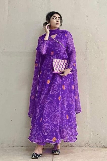 Purple color weightless georgette bandhani dress with dupatta