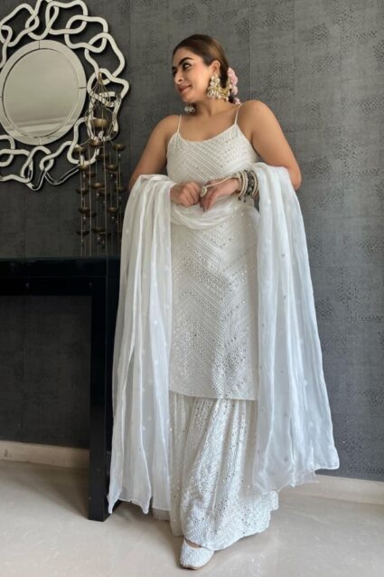 Pearl white Color Georgette Base And Sequins With Embroidery Work Sharara Suit Pearl white Color Georgette Base And Sequins With Embroidery Work Sharara Suit