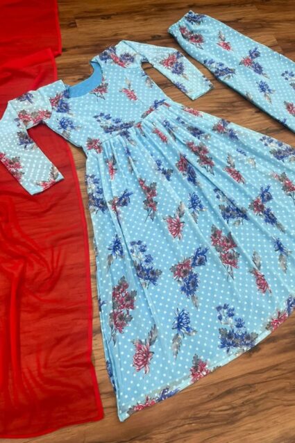 Floral Sky Blue Anarkali Dress For Women With Digital Print