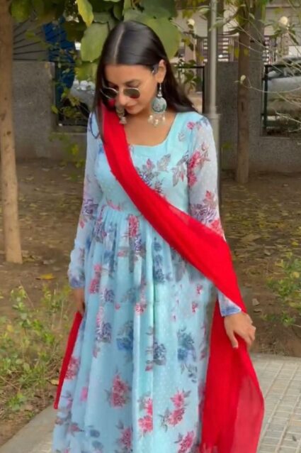 Floral Sky Blue Anarkali Dress For Women With Digital Print