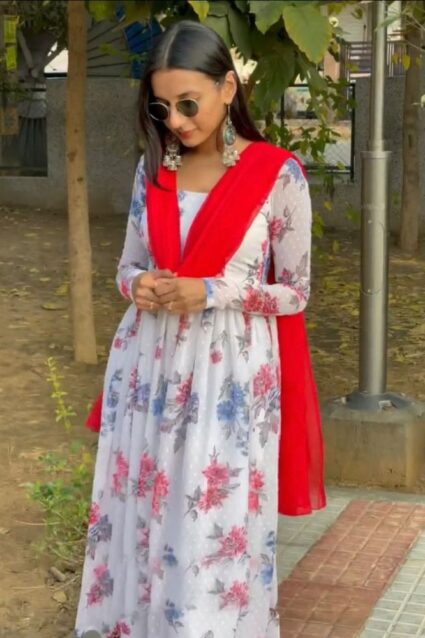 Floral white long anarkali dress with red dupatta