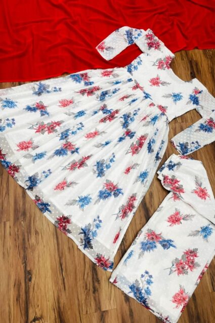 Floral white long anarkali dress with red dupatta