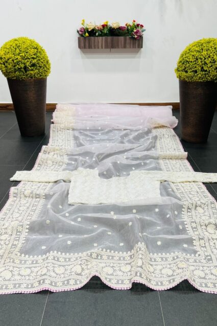 Baby Pink Color Saree On Organza Silk With Thread And Fancy Lace Work