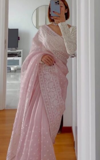 Baby Pink Color Saree On Organza Silk With Thread And Fancy Lace Work