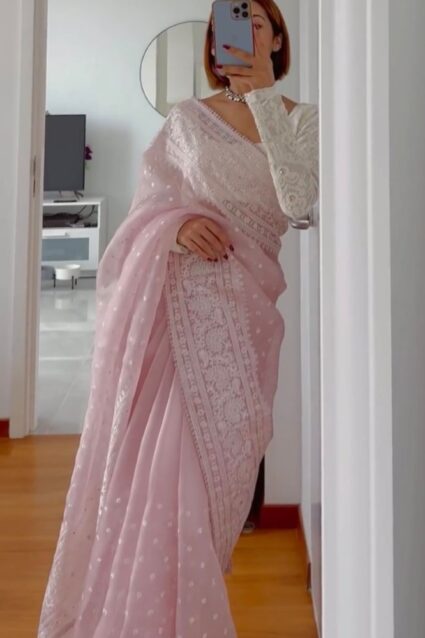 Baby Pink Color Saree On Organza Silk With Thread And Fancy Lace Work