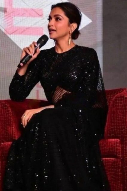 Black Color Deepika Padukone Saree On Soft With Thread And Sequin Work