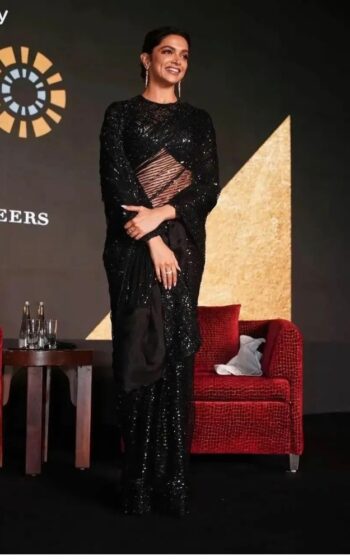 Black Color Deepika Padukone Saree On Soft With Thread And Sequin Work