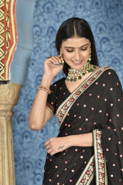 Black Color Saree On Faux Georgette With Thread And Foil Work