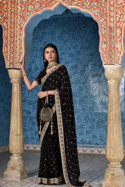 Black Color Saree On Faux Georgette With Thread And Foil Work