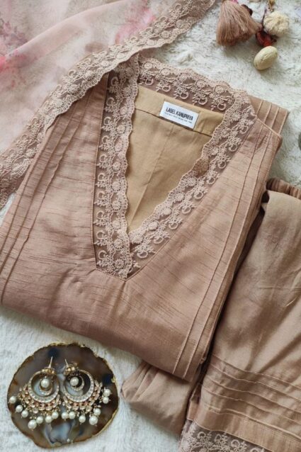 Brown Color Salwar Suit On Slub Cotton With Lace Work