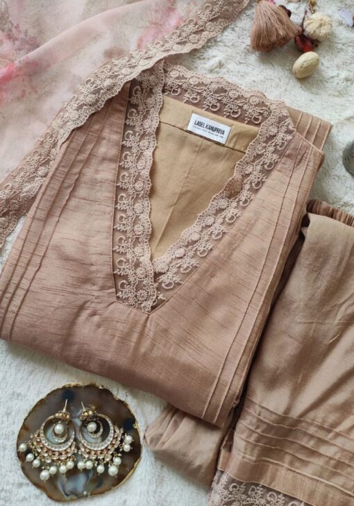 Brown Color Salwar Suit On Slub Cotton With Lace Work