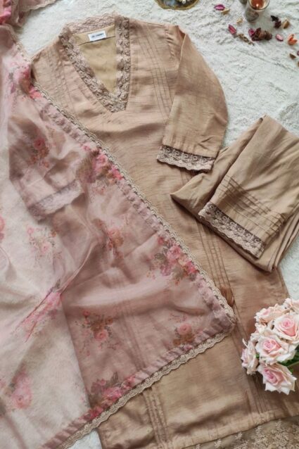 Brown Color Salwar Suit On Slub Cotton With Lace Work