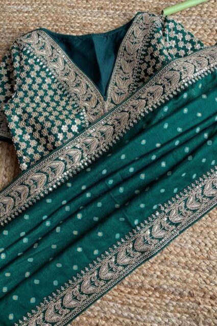 Green Color Saree On Tabby Silk With Coding With Sequin Work