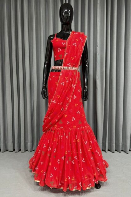 Pink Color Lehenga Style Saree On Faux Georgette With Digital Print