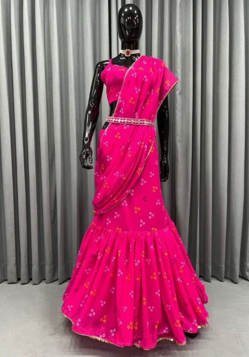 Red Color Lehenga Style Saree On Faux Georgette With Digital Print