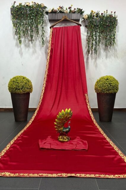 Red Color Rashmika Mandanna Saree On Japan Satin With Thread Work