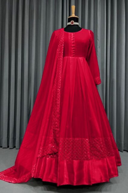 Red Color Stunning Salwar Suit On Faux Georgette With Thread Work