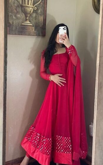 Red Color Stunning Salwar Suit On Faux Georgette With Thread Work