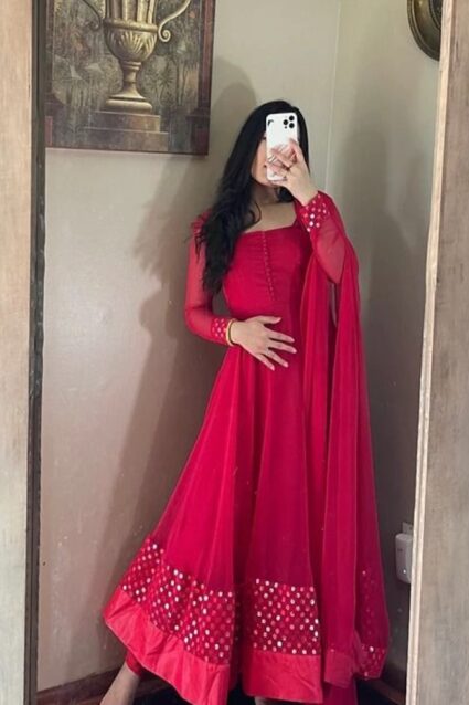 Red Color Stunning Salwar Suit On Faux Georgette With Thread Work