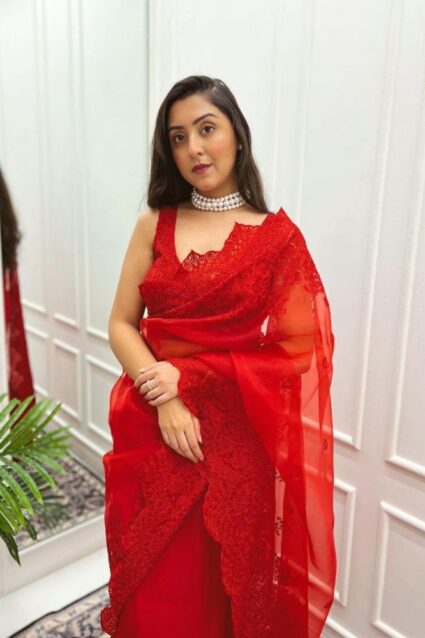 Red Color Stunning Saree On Georgette With Chain Stitch Work