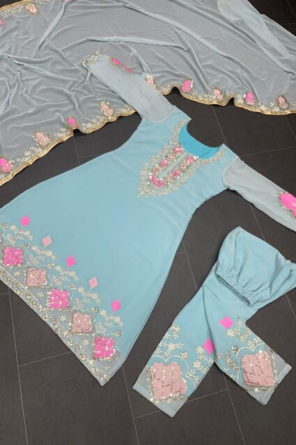 Sky Blue Color Salwar Suit On Georgette With Thread With Sequin Work