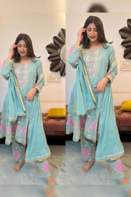Sky Blue Color Salwar Suit On Georgette With Thread With Sequin Work