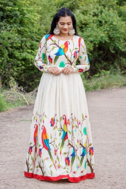 Artistic White Anarkali Outfit With Dupatta In Digital Design