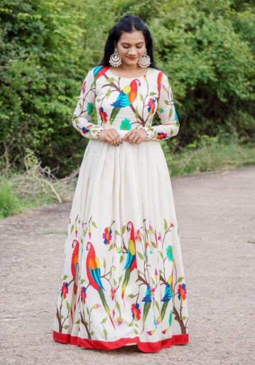 Artistic White Anarkali Outfit With Dupatta In Digital Design