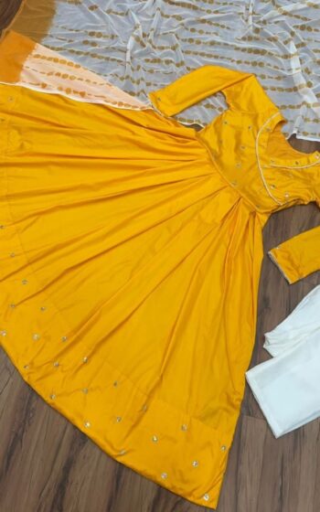 Graceful Yellow Anarkali Suit With Silk Top And Tie-Die Dupatta