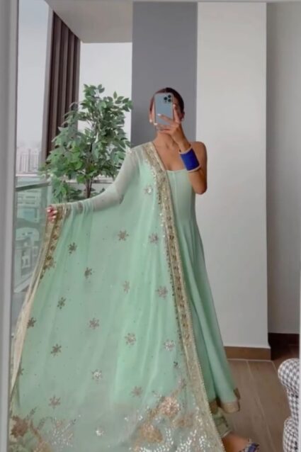 Flirty Simple Punjabi Readymade Salwar Suit With Sequence Dupatta  In Leaf Green Color