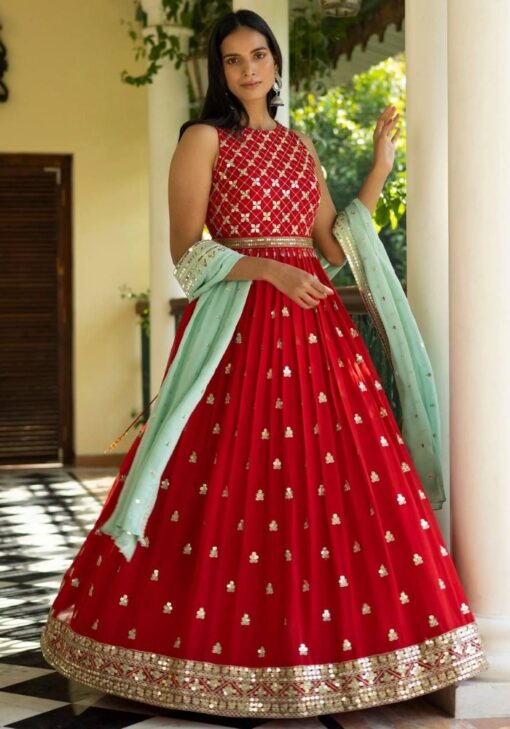 Stunning Red Gown On Georgette Fabric With Sequin Embroidery Dupatta