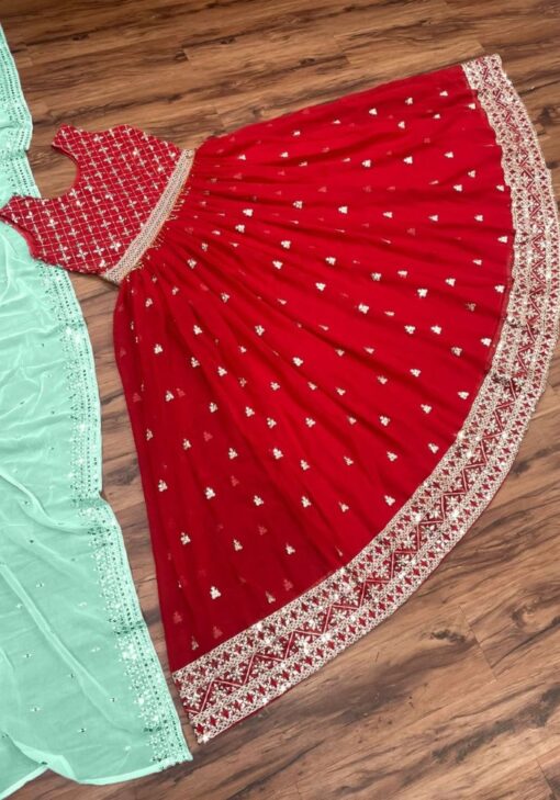 Stunning Red Gown On Georgette Fabric With Sequin Embroidery Dupatta