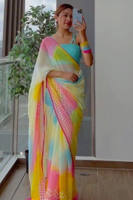 Multi Color Stunning Saree On Georgette With Digital Print And Sequin Work