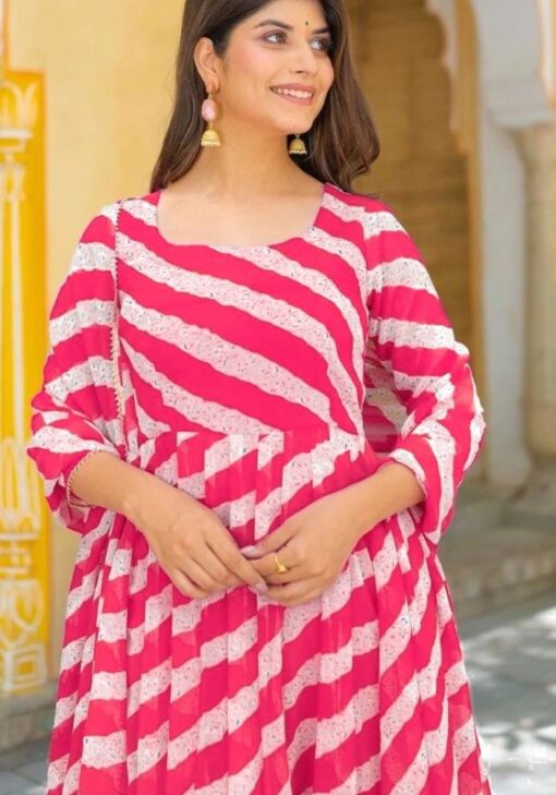 Girlish Rani Pink Strips Anarkali Suit On Georgette Fabric