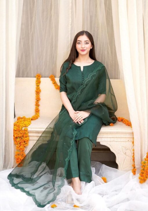 Green Color Salwar Suit On Maska Cotton With Dupatta