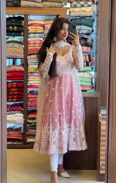 Adorable Pink Color Georgette Thread Work Kurti Gown With Pant & Duppata