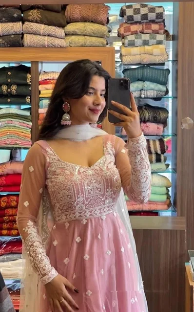 Adorable Pink Color Georgette Thread Work Kurti Gown With Pant & Duppata