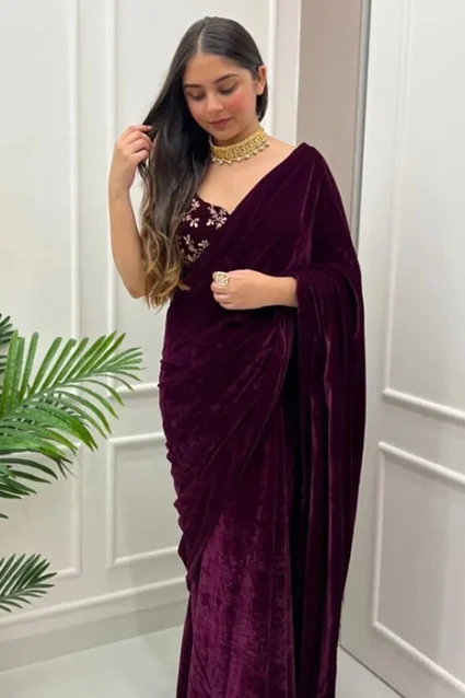 Marron Velvet Saree with Designer Thread Work Blouse