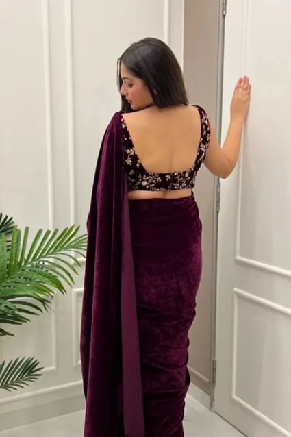 Marron Velvet Saree with Designer Thread Work Blouse