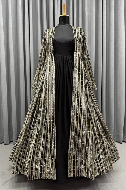 Most Desired Black Color Sequence Work Long Jacket Style Gown