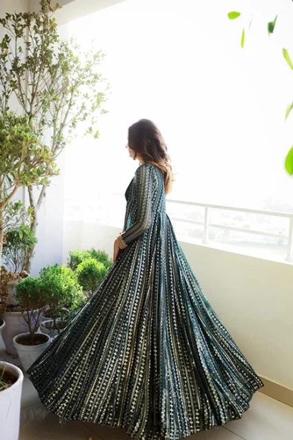 Most Desired Rama Green Color Sequence Work Long Jacket Style Gown