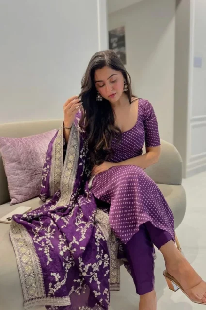 Most Stylish Purple Color Bhandani Print Suit With Pant & Heavy Embroidery Duppata