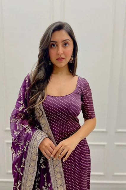 Most Stylish Purple Color Bhandani Print Suit With Pant & Heavy Embroidery Duppata