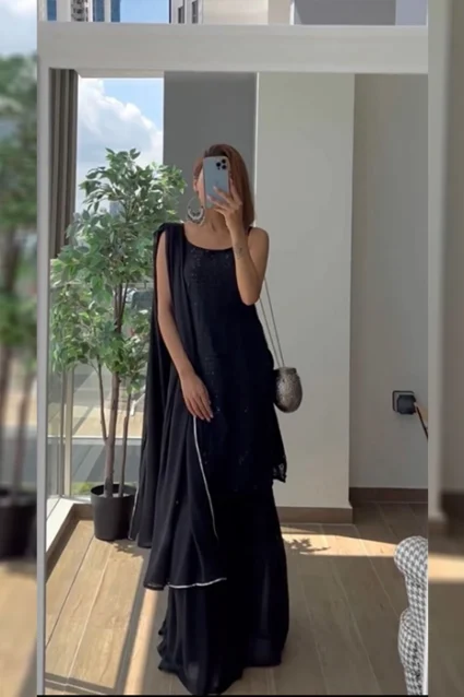 Breathtaking Black Color Designer Kurti With Sharara & Dupatta