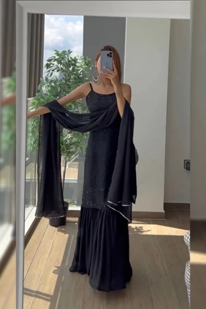 Breathtaking Black Color Designer Kurti With Sharara & Dupatta