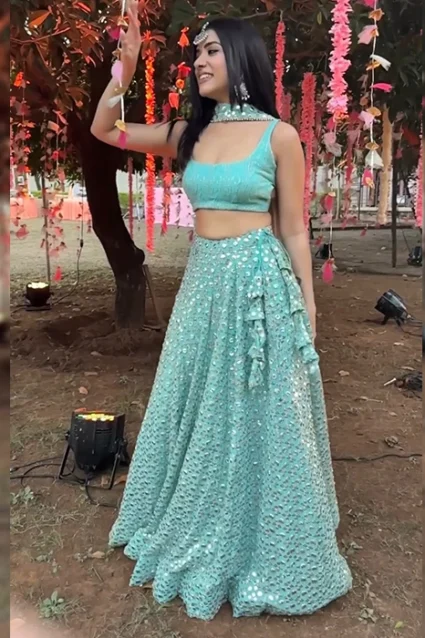 Glamorous Girlish Sky Blue Party Wear Lehenga Choli Online