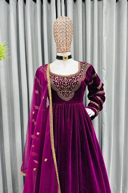 Glorious Party Wear Pink Color Velvet Dress With Velvet Pant & Net Dupatta