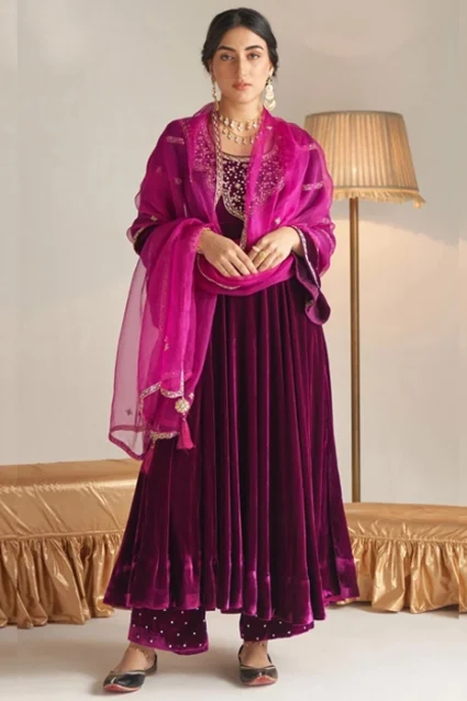 Glorious Party Wear Pink Color Velvet Dress With Velvet Pant & Net Dupatta